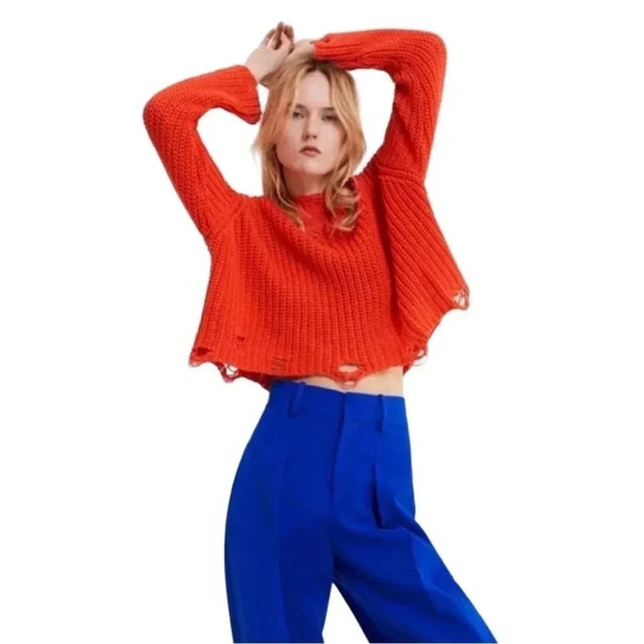 Zara Neon Orange Red Chunky Knit Distressed Cropped Crewneck Sweater Size Small - Picture 1 of 6